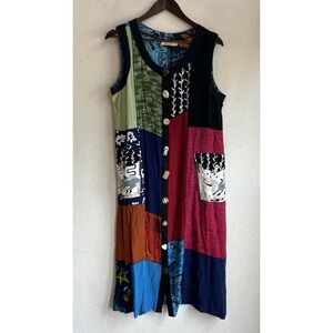 La Cera Patchwork Novelty Button Midi Tank Dress M Rayon Boho Hippie Artsy